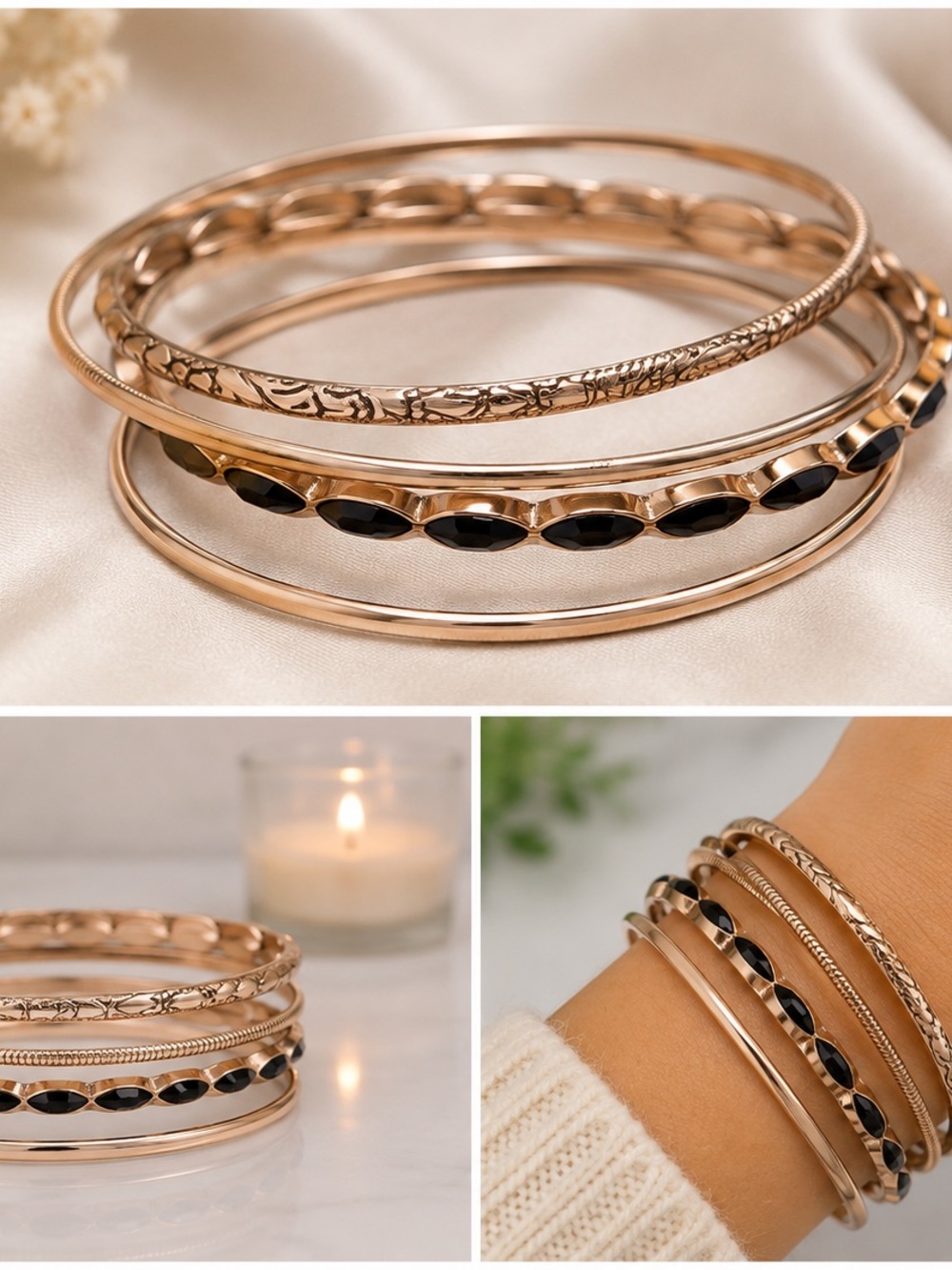 Rose Gold and Black Stackable Bangle Bracelet Set - Women Jewelry